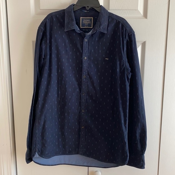 Indian Terrain Navy Blue Print Chiseled Fit Button Down Shirt Size Large 42 - Picture 1 of 10